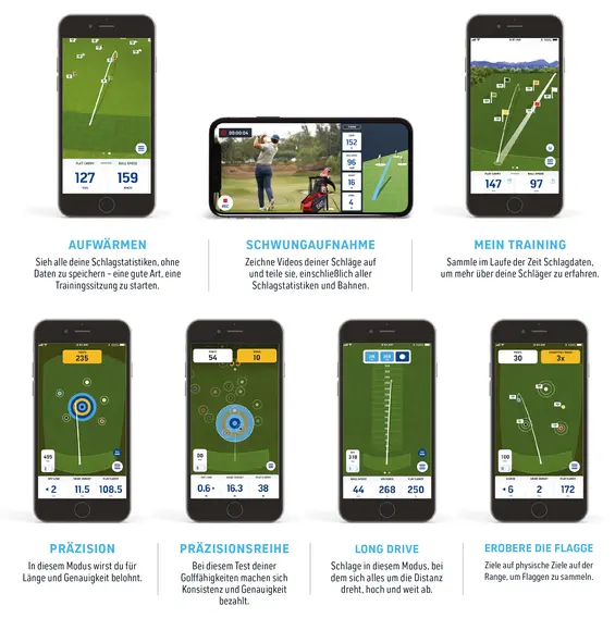 Collage der Variationsmöglichkeiten der Toptracer Range am Smartphone